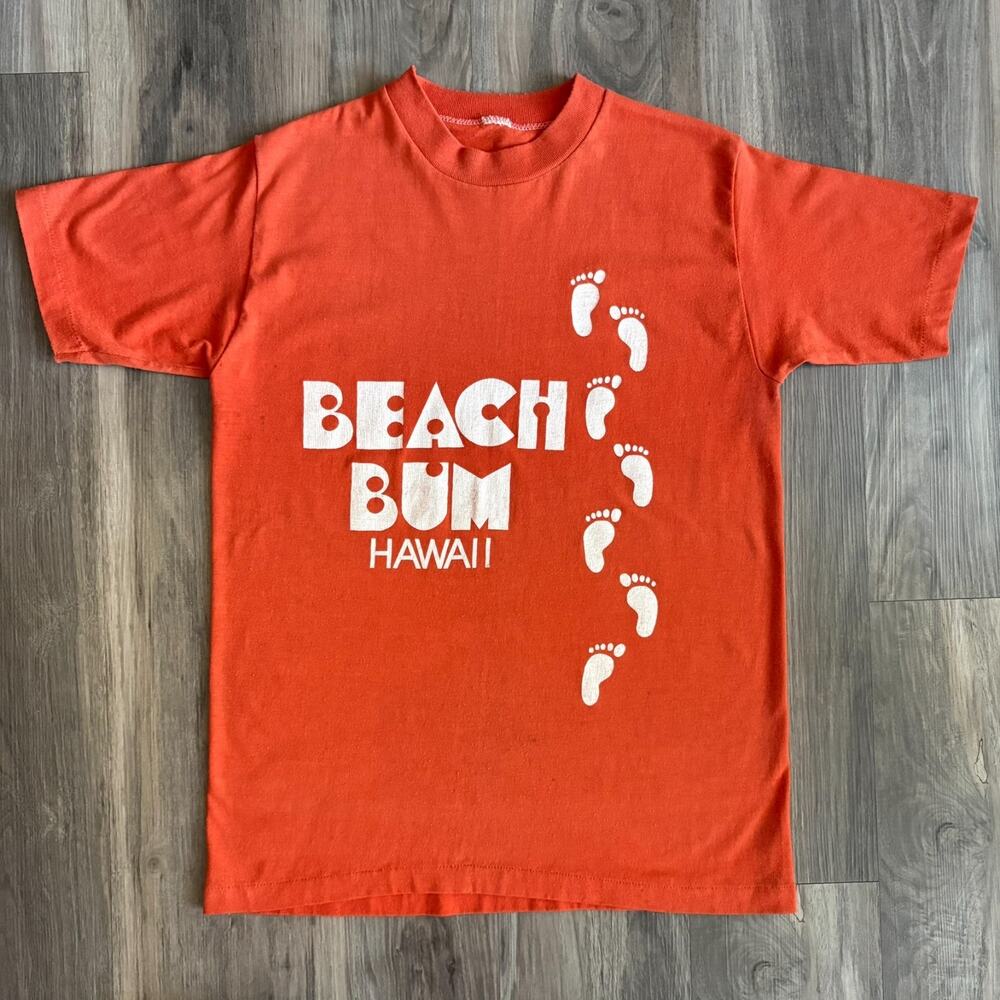 Vintage 1970s Hawaii Beach Bum T-Shirt Men's Size S Orange Beach Surf